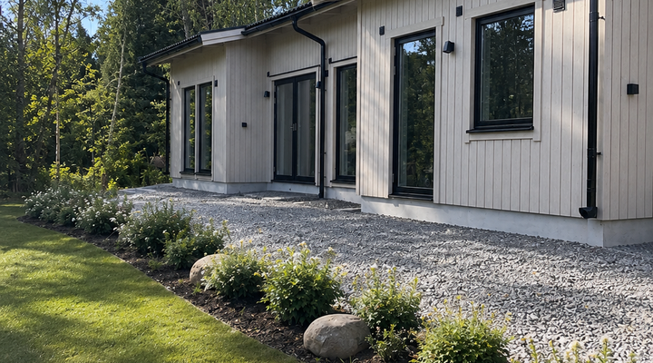 Modernt fritidshus i Lerdala med ljus träfasad, svarta detaljer och stora glaspartier mot naturen.