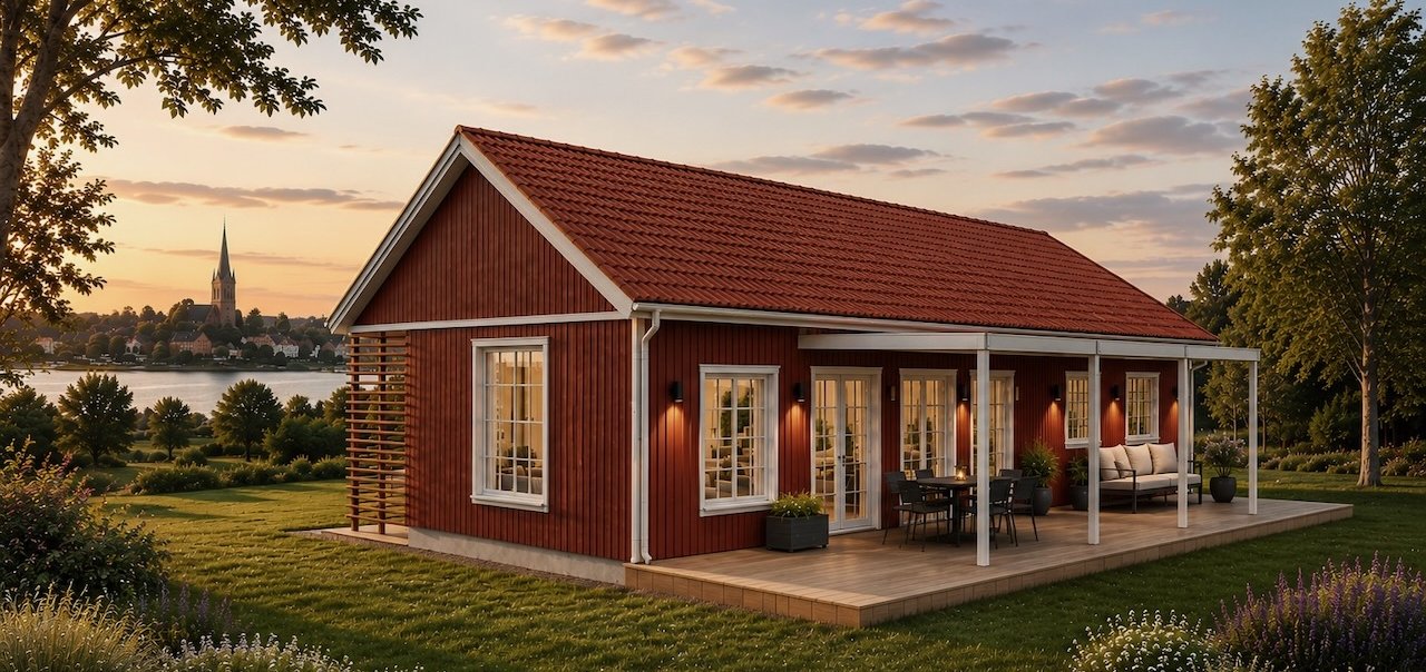 Villa Nagomi Röd fasad utmed Vänern i Mariestad