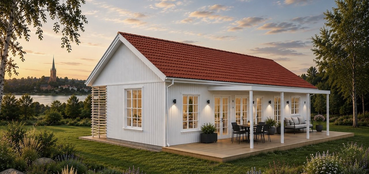 Villa Nagomi vit fasad utmed Vänern